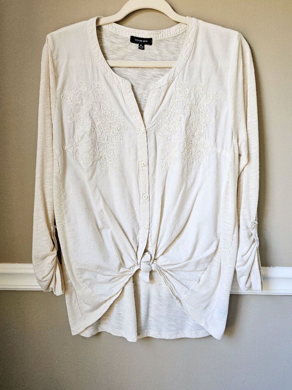 Verve Ami White Embroidered Tie Front Blouse XL Boho Peplum Top
